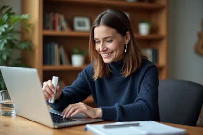 Femme téléchargeant de la musique sur une clé USB depuis son ordinateur portable pour une soirée