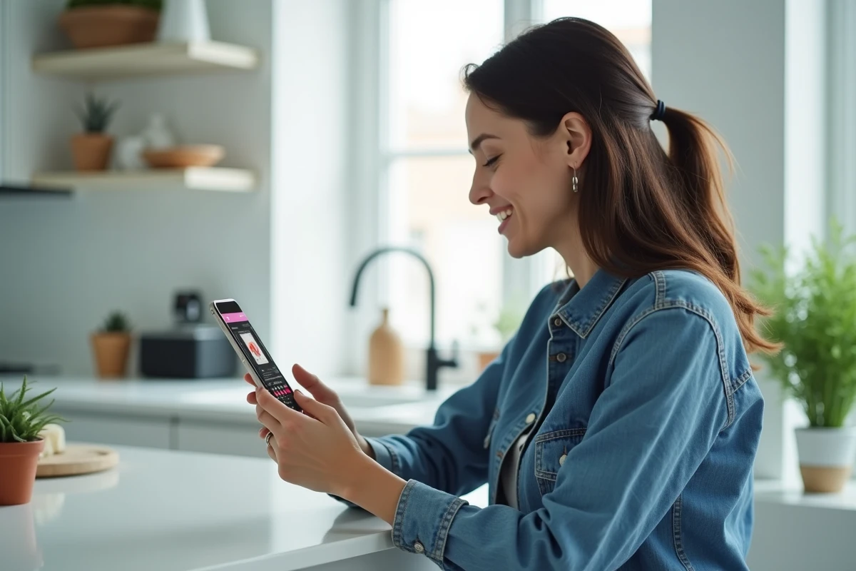 Femme utilisant un smartphone pour télécharger une vidéo en ligne depuis une application