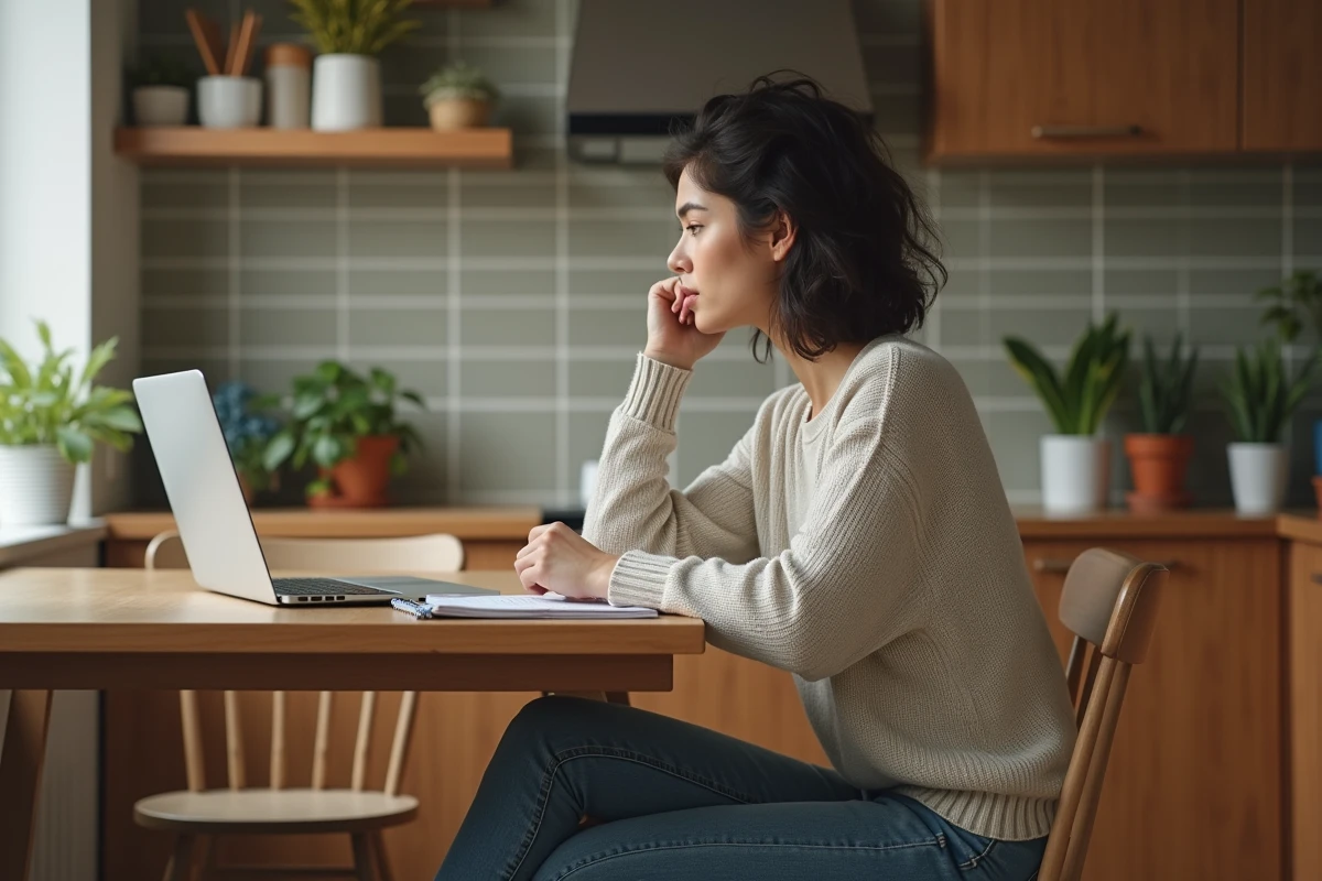 Jeune femme pensant à un projet avec son ordinateur dans une cuisine chaleureuse