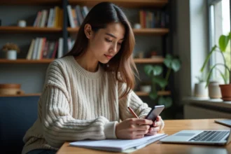 Jeune femme au bureau à domicile utilisant son smartphone