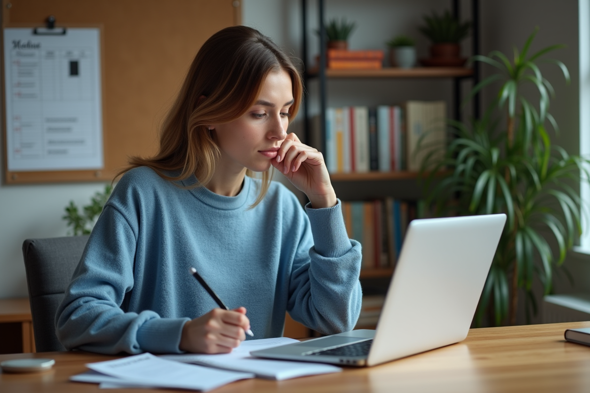 Jeune femme concentrée travaillant sur un ordinateur dans un bureau cosy