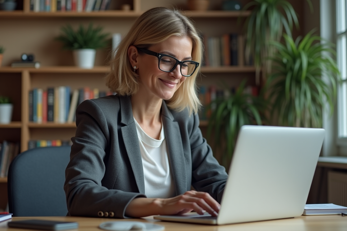 Femme en visioconference dans un bureau à domicile