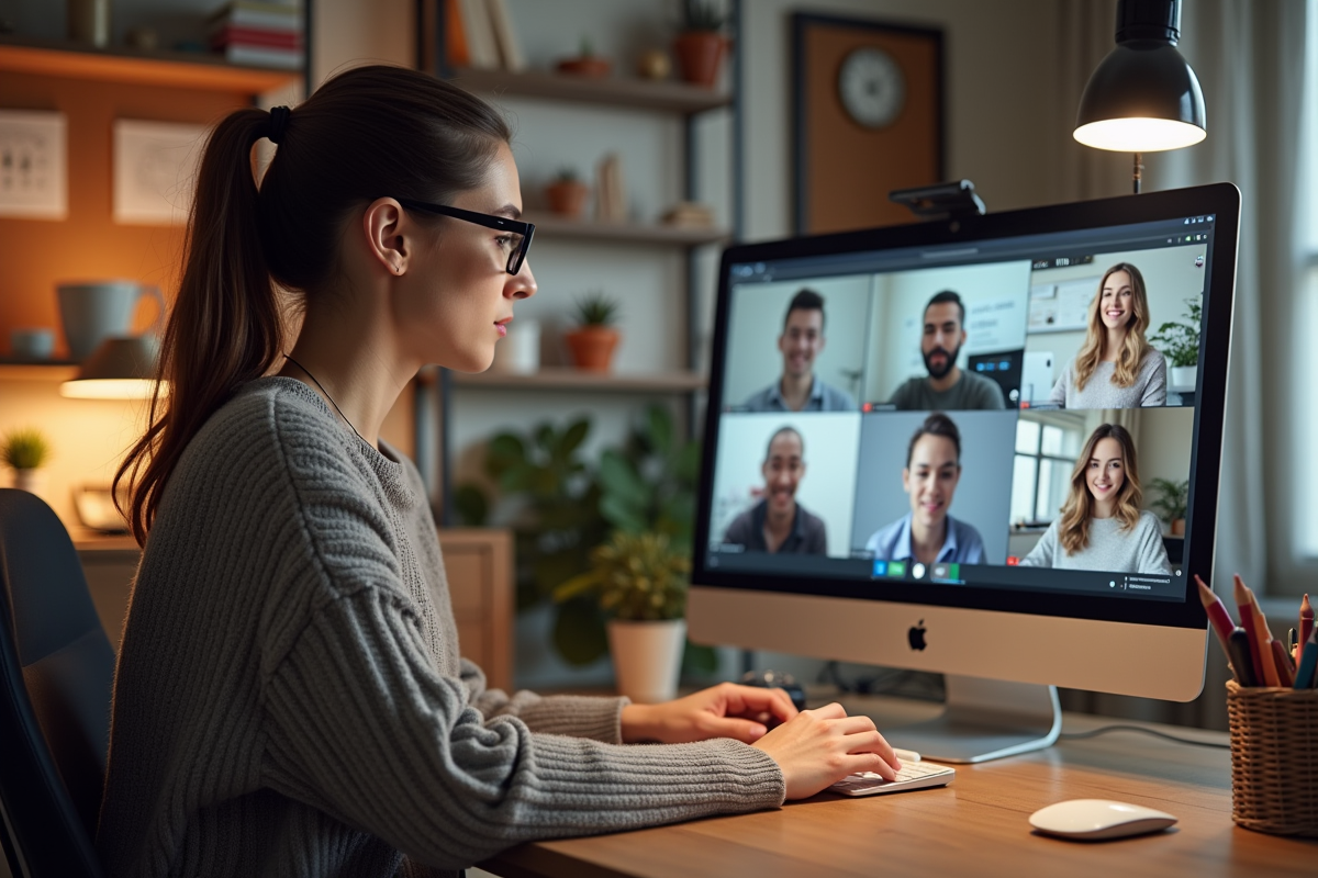 Jeune femme travaillant à son bureau à domicile lors d