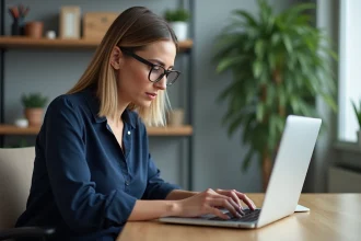 Femme concentrée créant un tableau dans Word sur son ordinateur