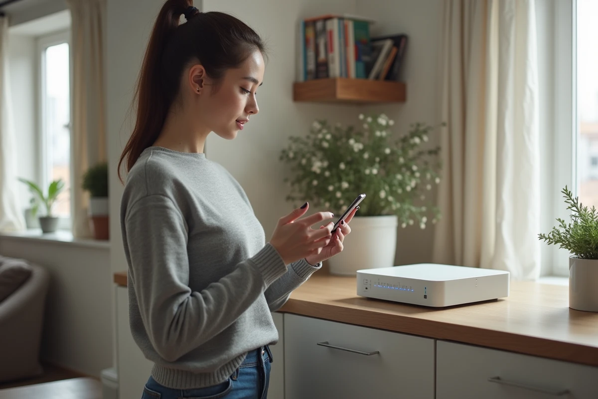 Femme vérifiant connexion internet avec smartphone