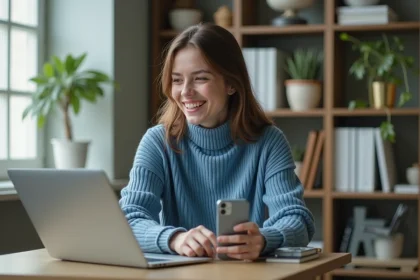 Jeune femme souriante utilise WhatsApp Web sur un ordinateur portable