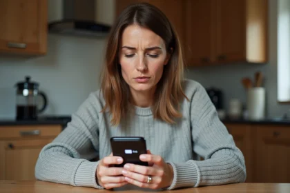 Femme examinant la batterie de son smartphone à la maison, signaux d'alerte avant achat
