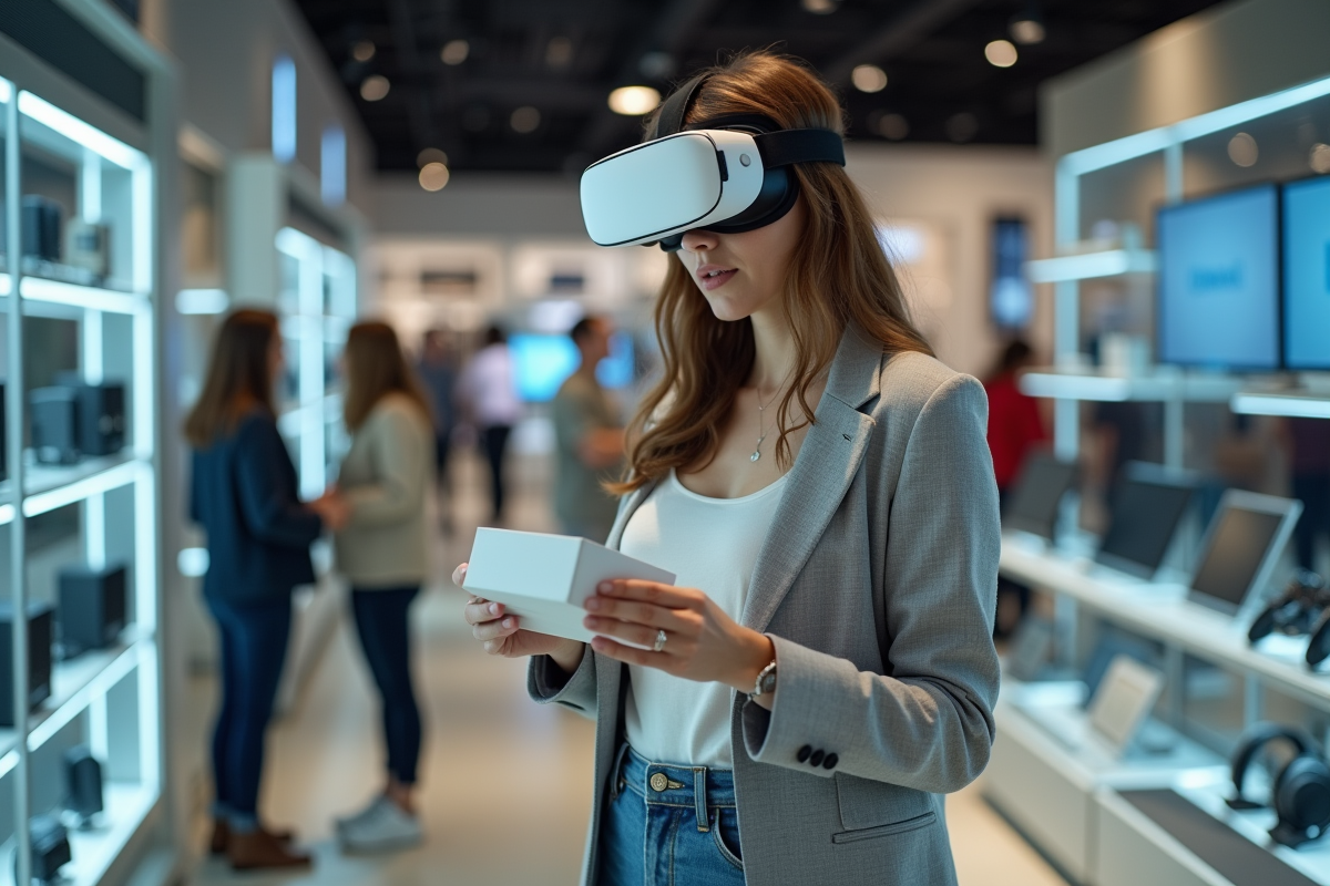 Femme dans un magasin high-tech avec casque VR en main