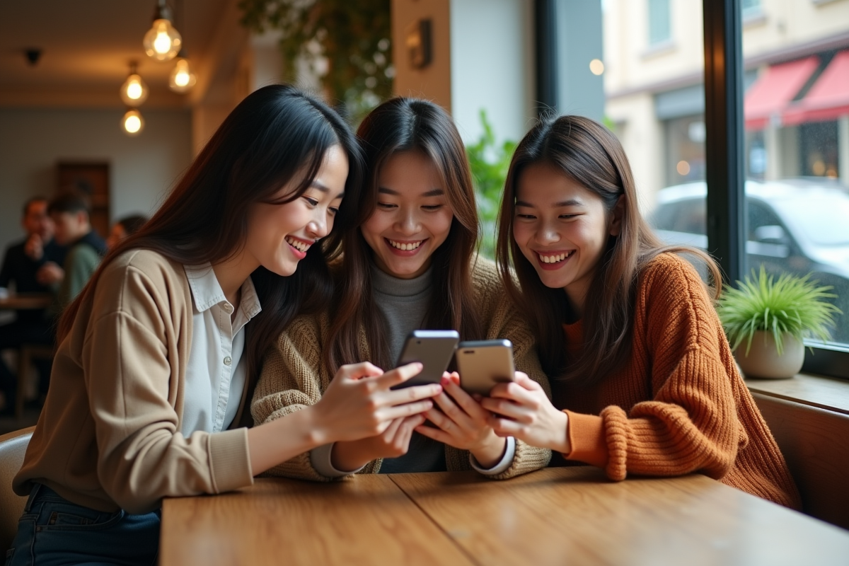 Groupe de jeunes femmes souriantes avec leurs smartphones au café