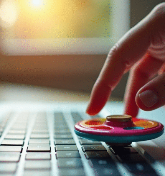 Main faisant tourner un fidget spinner coloré sur un clavier d'ordinateur