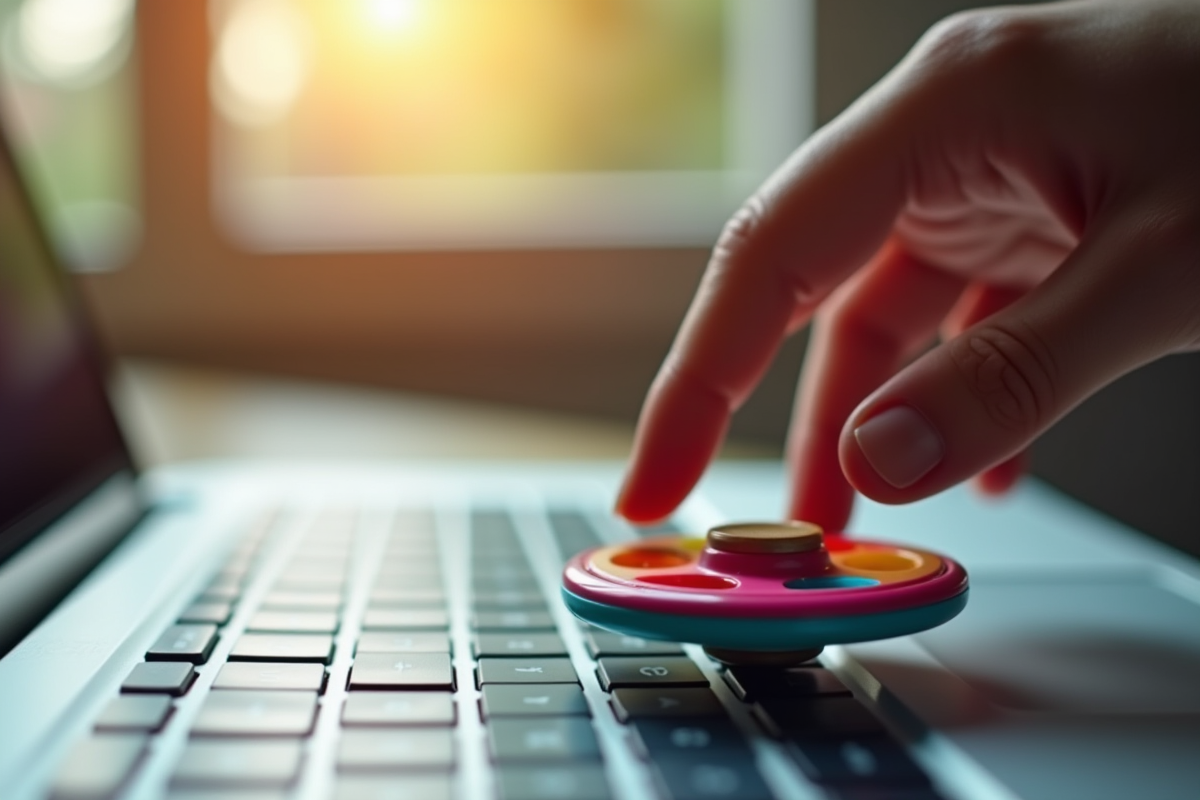 Main faisant tourner un fidget spinner coloré sur un clavier d'ordinateur