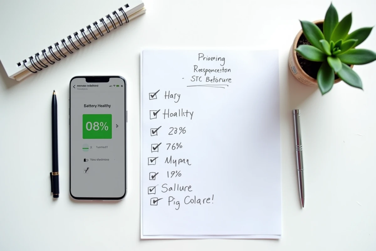 Flat-lay d'un smartphone affichant les données de batterie avec une checklist d'achat sur un bureau blanc