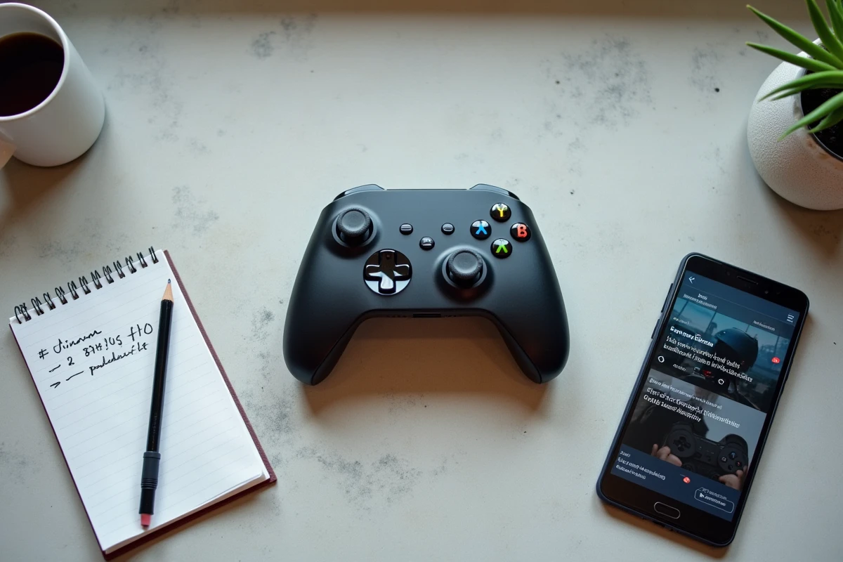 Vue aérienne d'une manette de jeu, d'un carnet de notes avec comparaisons de prix et d'un smartphone affichant des informations sur la future Xbox 2026