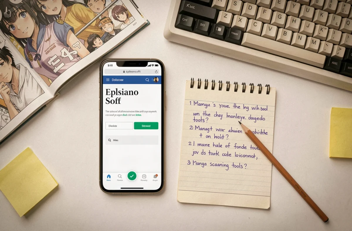Vue aérienne d'un bureau avec un manga ouvert, un smartphone affichant Epsilon Soft et des notes manuscrites sur les outils de scan