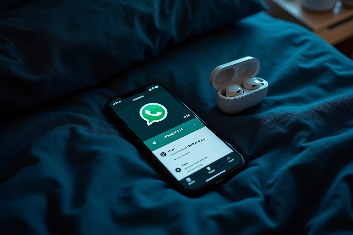 Vue du dessus d'un smartphone affichant l'interface de programmation de message WhatsApp posé sur un drap sombre la nuit