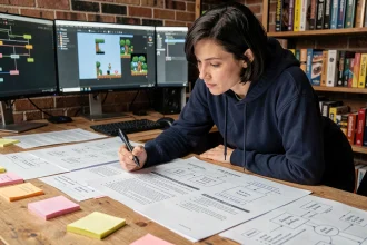 Game designer étudiant un document de conception de jeu détaillé sur un bureau de studio indie couvert de schémas et de notes