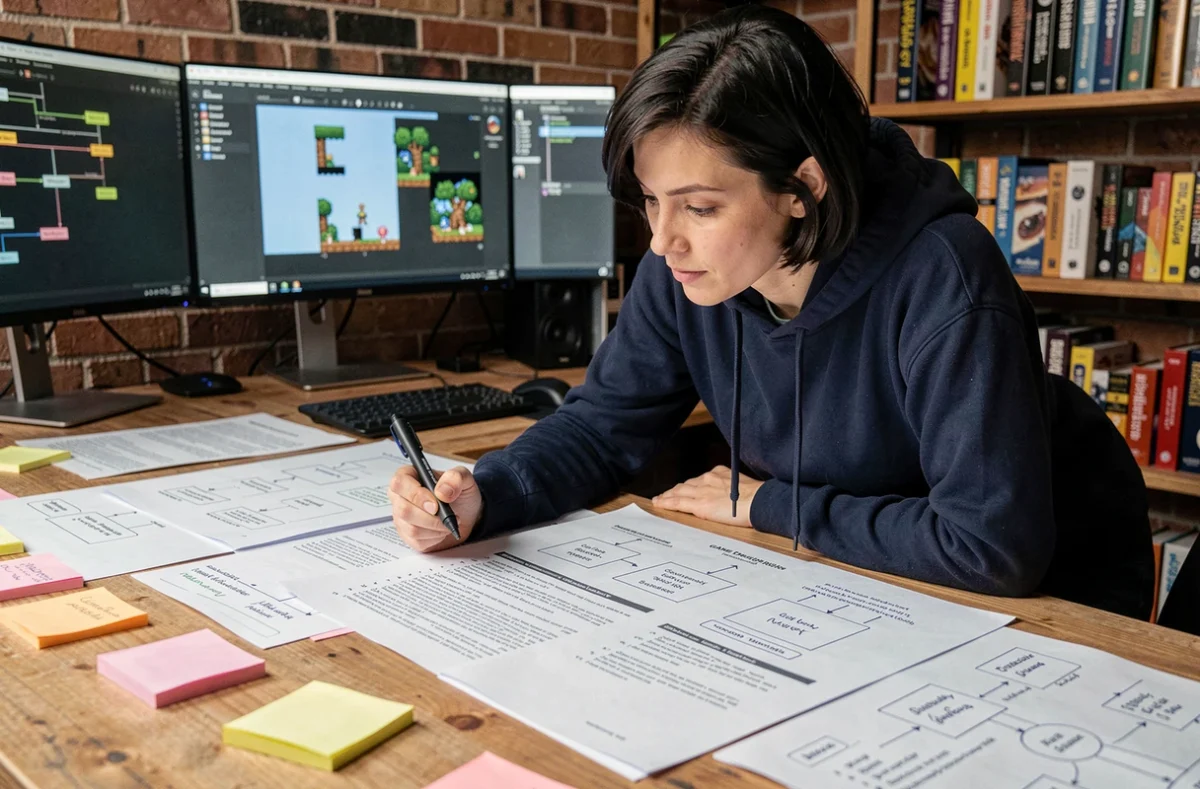 Game designer étudiant un document de conception de jeu détaillé sur un bureau de studio indie couvert de schémas et de notes
