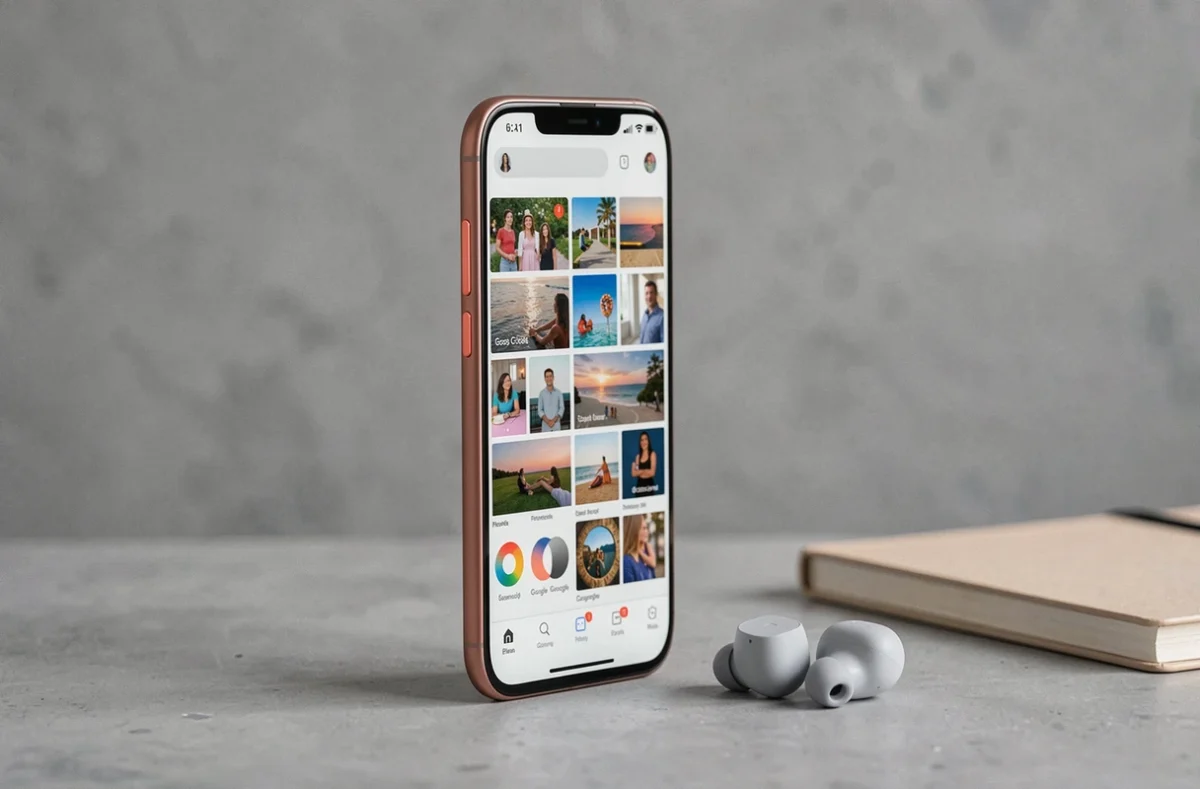 Google Pixel 6a posé sur une surface en béton avec accessoires, vue produit lifestyle élégante et minimaliste