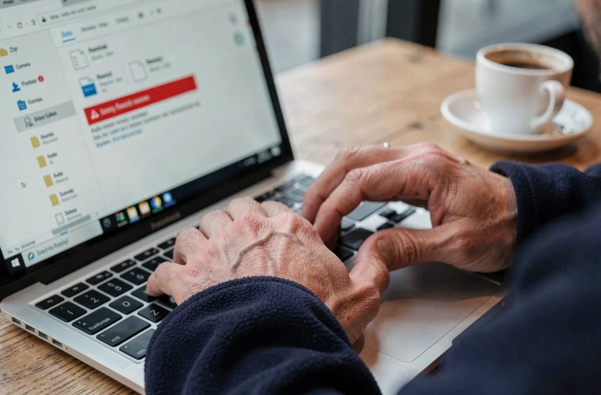 Gros plan sur des mains utilisant une application ZIP affichant une erreur de décompression sur laptop