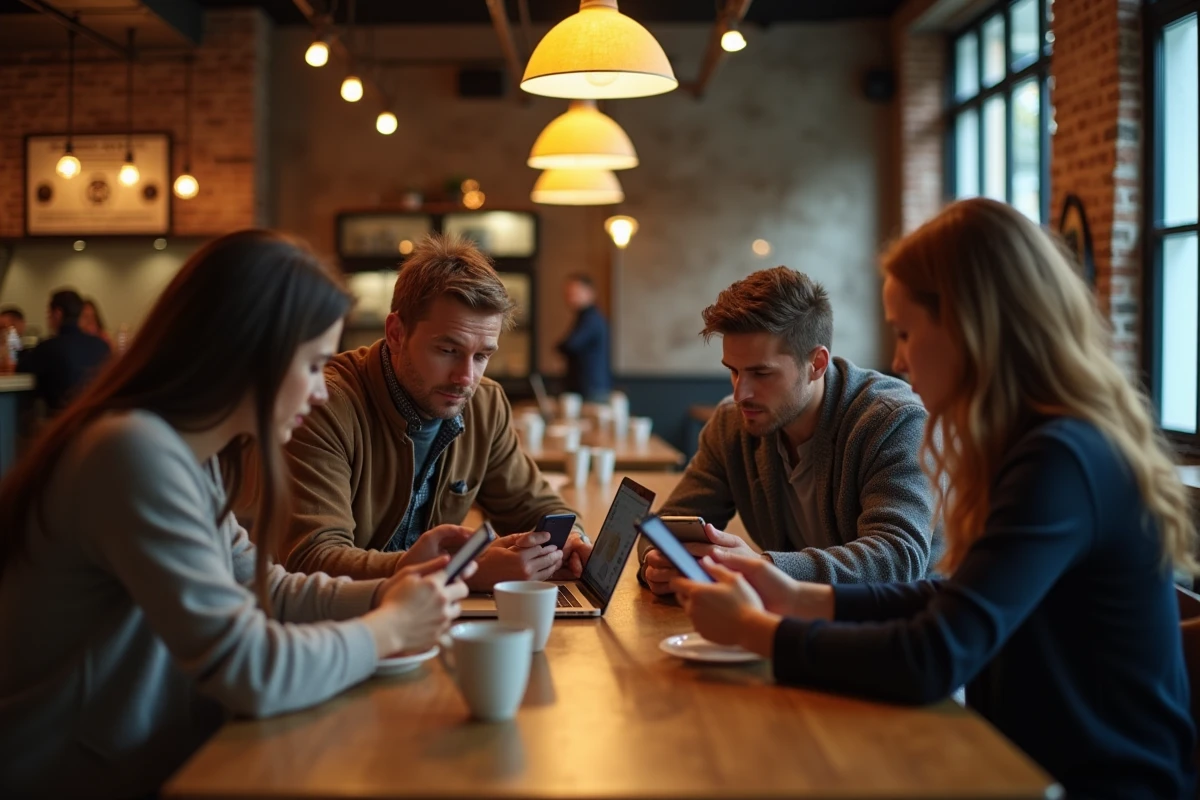 Groupe de personnes attablées dans un café, chacune absorbée par un écran différent, représentant la fragmentation de l'attention et la relation individuelle et collective à l'information médiatique