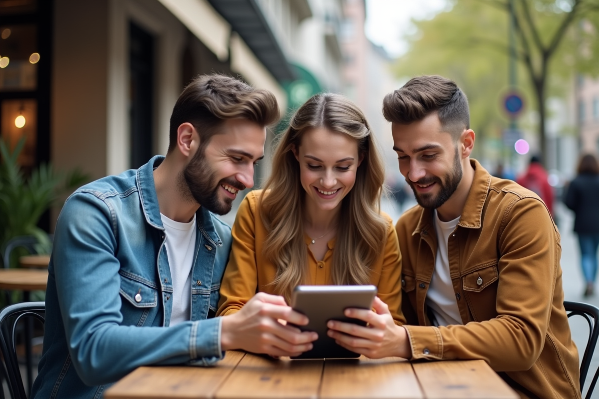 Groupe d amis regardant une tablette en extérieur en ville
