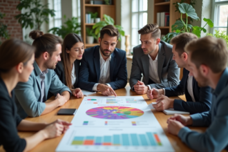 Groupe de professionnels discutant autour d'un graphique de clusters