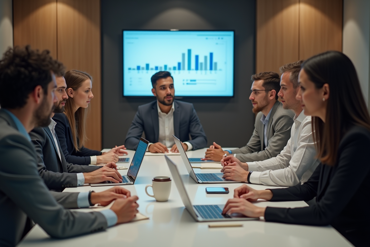 Groupe de professionnels en réunion dans un espace moderne