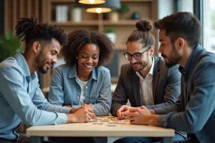 Quatre adultes diversifiés résolvent un puzzle en équipe dans un bureau moderne