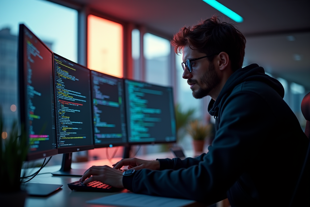 Hacker moderne dans un bureau lumineux avec écrans de code