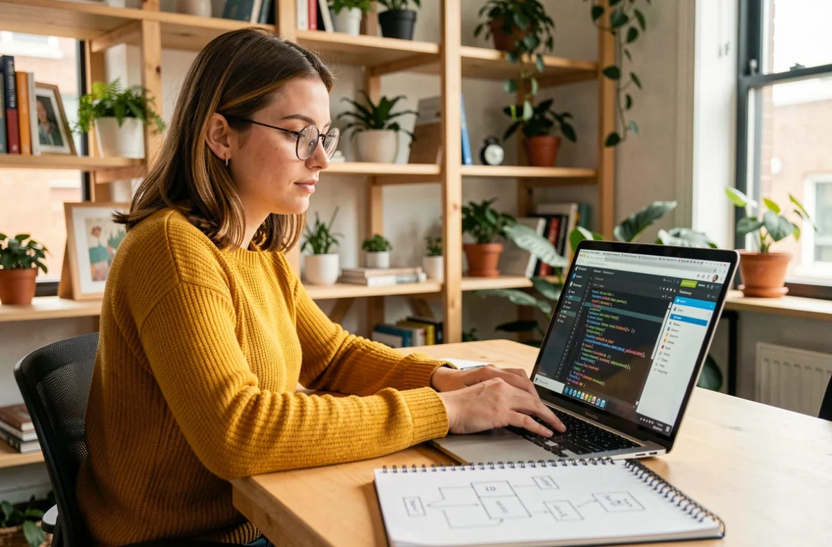 Développeuse web de Hello Pomelo travaillant sur la sécurité numérique d'une application dans un espace de coworking créatif