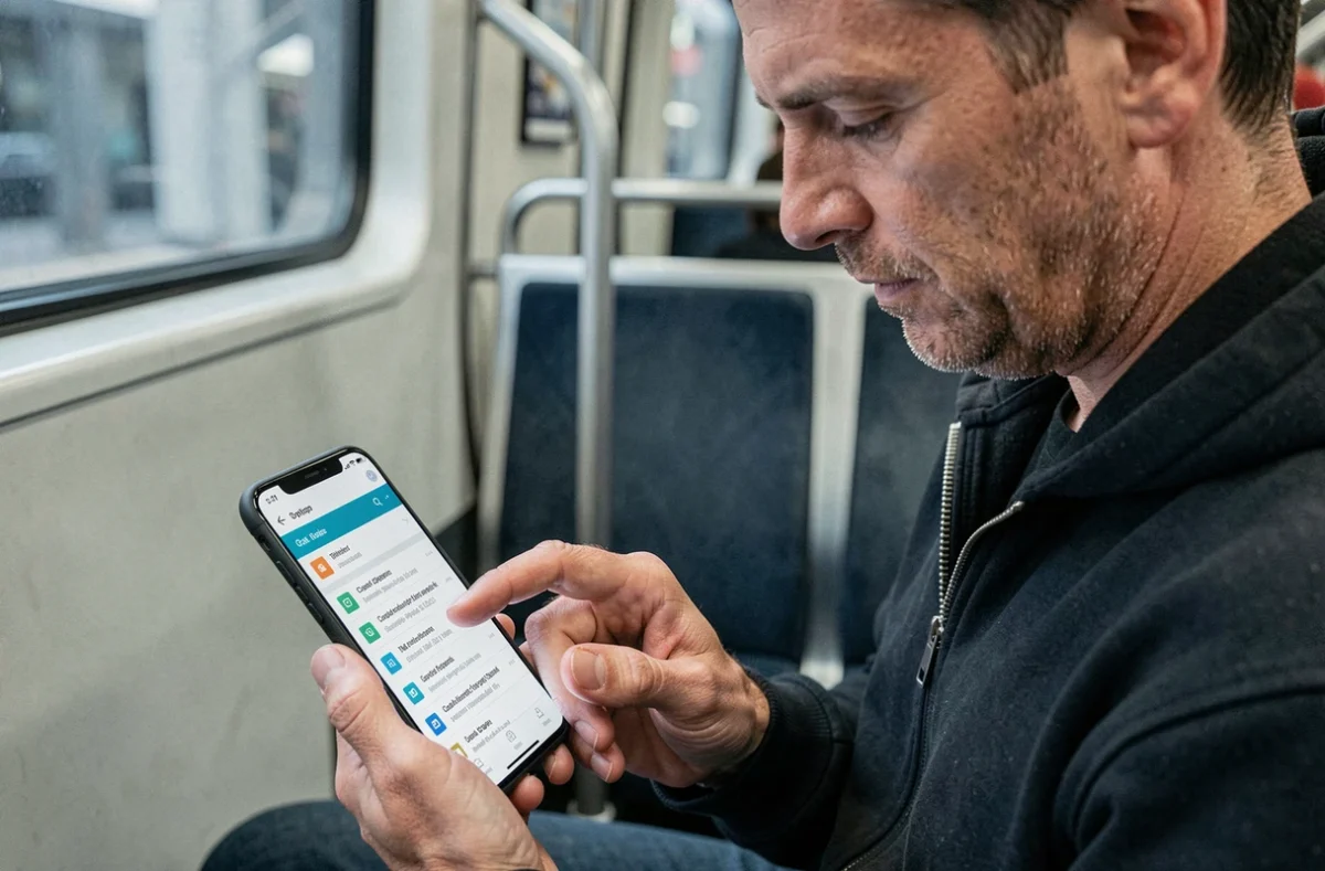 Personne consultant l'historique du presse-papier Android dans les transports en commun
