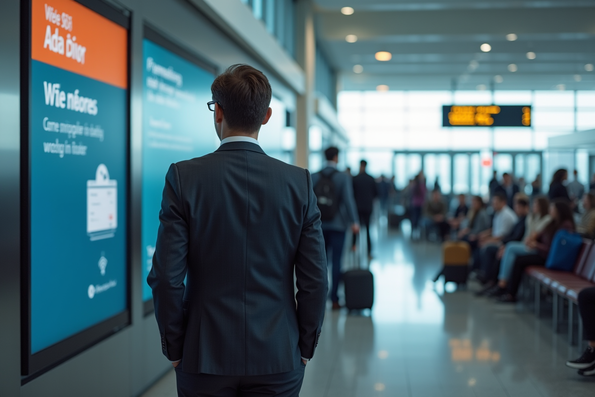 Homme debout dans un aéroport regardant une publicité WiFi