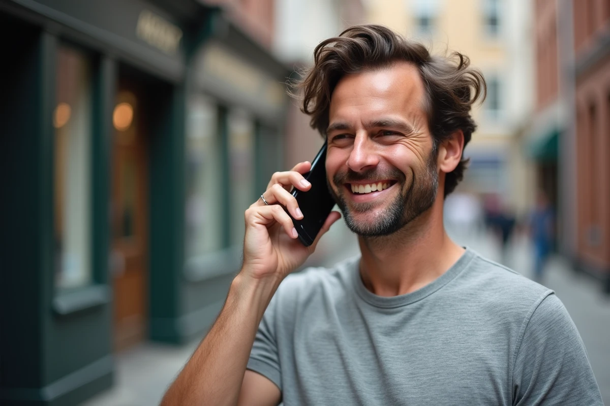 Homme tenant un téléphone Sony Ericsson GSM à l'oreille lors d'un appel en extérieur dans un cadre urbain