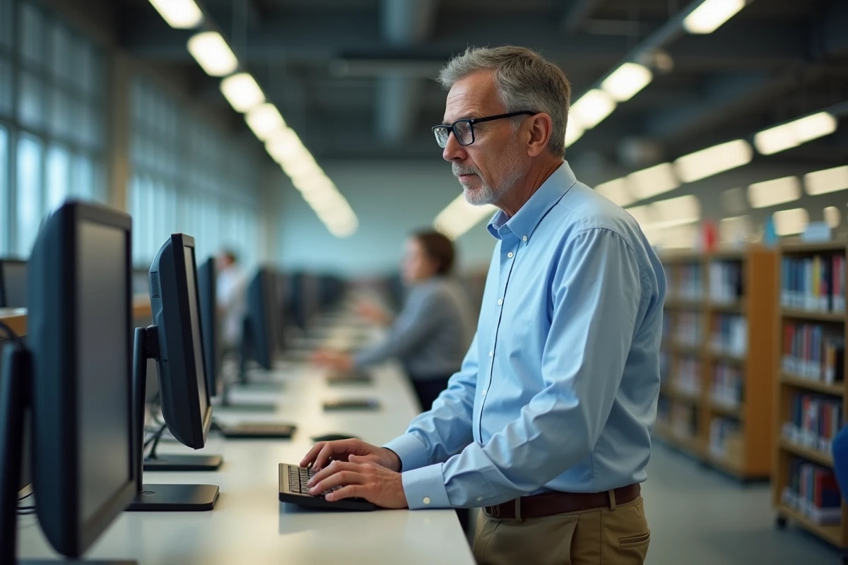 Homme en bibliothèque convertissant une vidéo en MP4