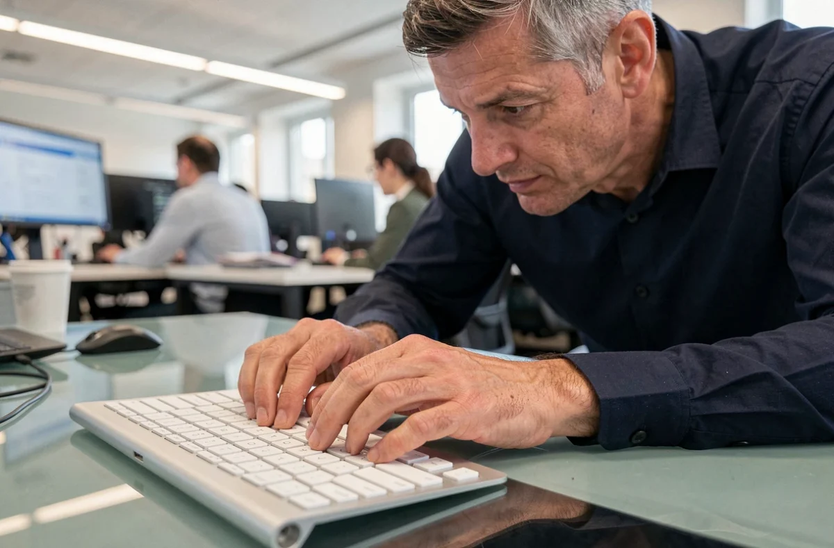 Homme en bureau professionnel appuyant sur un raccourci clavier Mac AZERTY pour insérer le caractère tilde