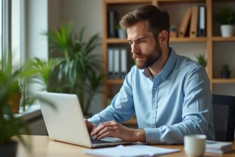 Homme au bureau regardant ses fiches de paie numériques