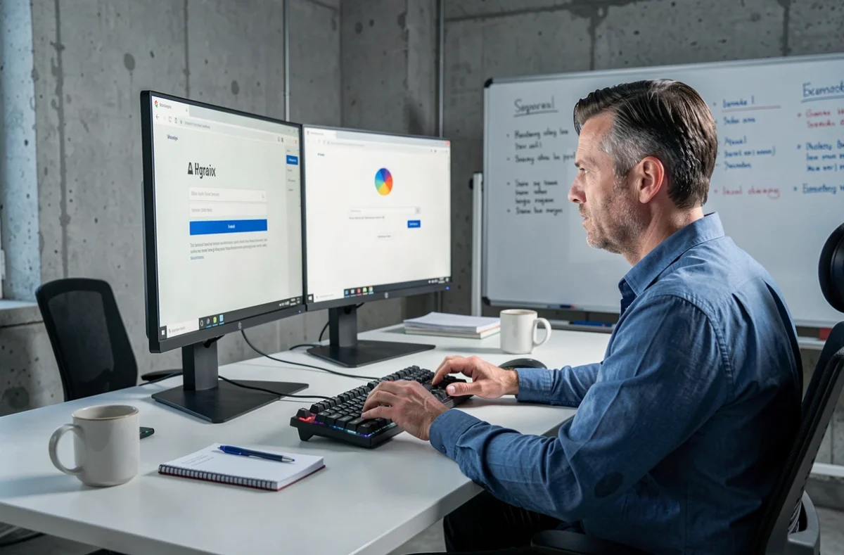 Homme au bureau avec double écran tentant de se connecter à son compte webmail Ozone
