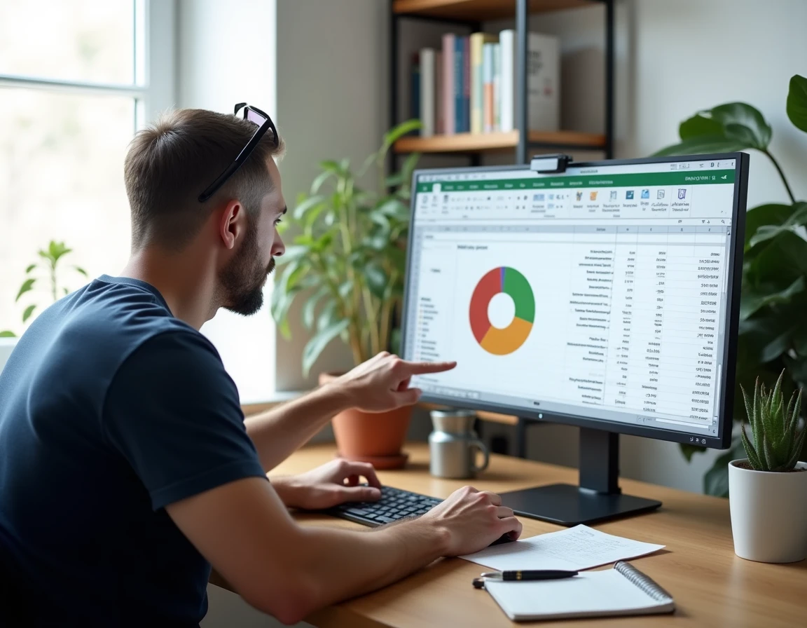 Homme en bureau à domicile analysant un graphique camembert Excel pour gérer son budget personnel