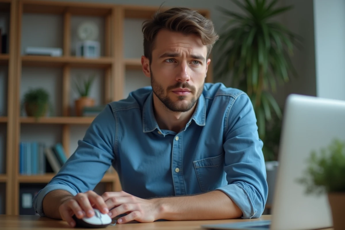 Jeune homme au bureau regardant sa souris d'ordinateur