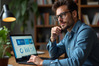 Homme concentré devant son ordinateur avec tableau de sécurité Windows