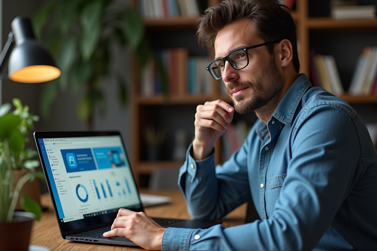 Homme concentré devant son ordinateur avec tableau de sécurité Windows