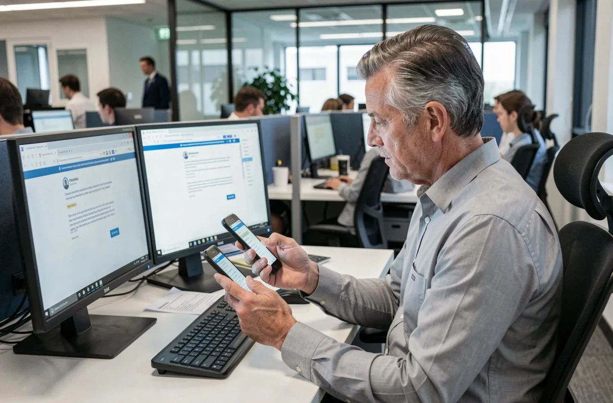 Homme en bureau vérifiant un email de sécurité pour récupérer l'accès à son compte Arkevia après un changement de mail