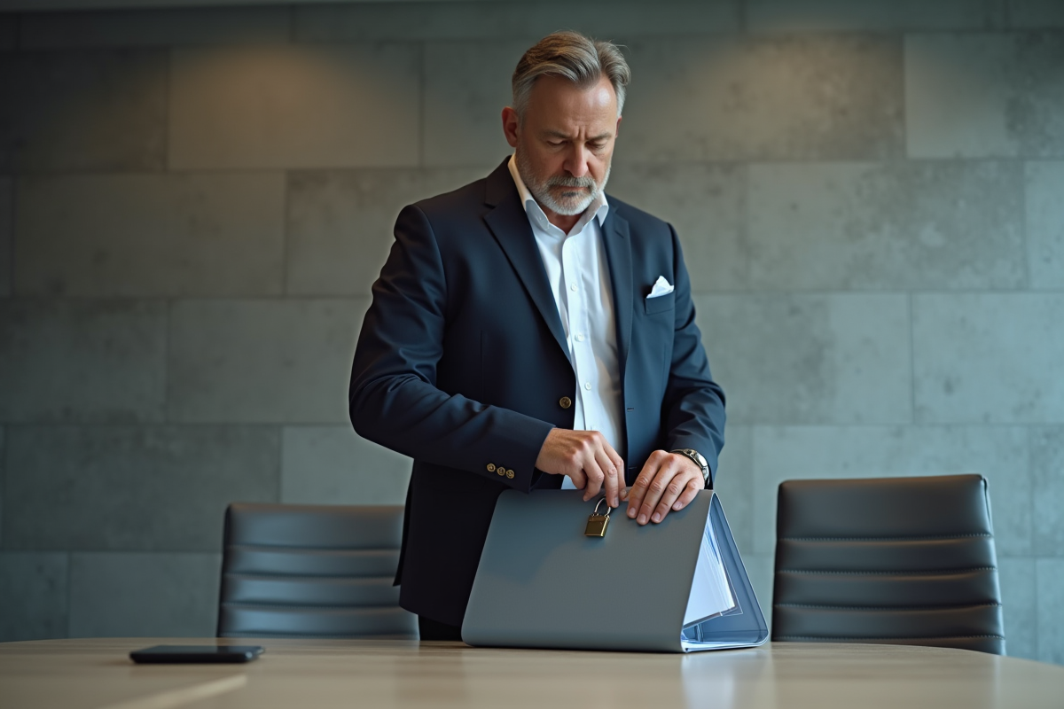 Homme en costume verrouillant un dossier dans une salle de réunion