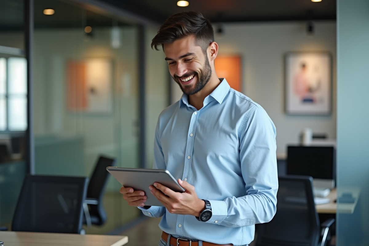 Jeune homme utilisant une tablette dans un espace de coworking