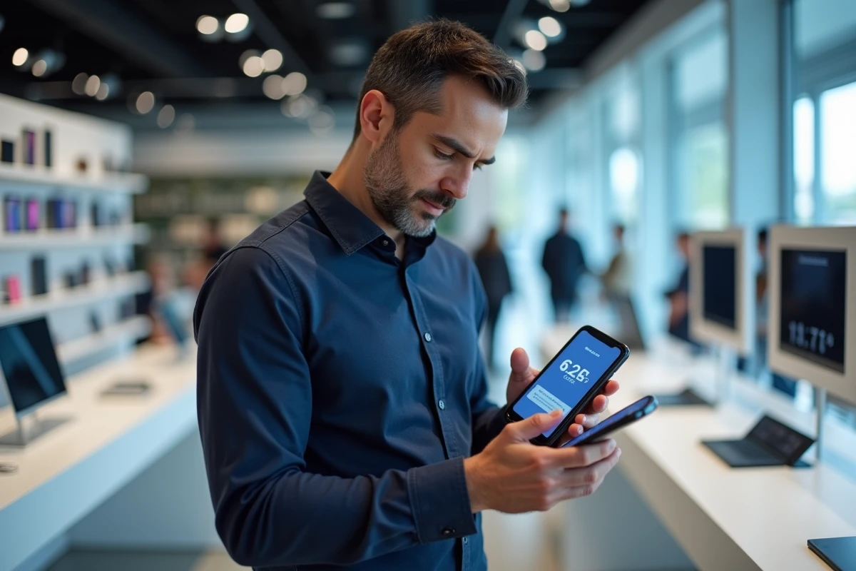 Homme comparant les batteries de deux smartphones dans un magasin d'électronique