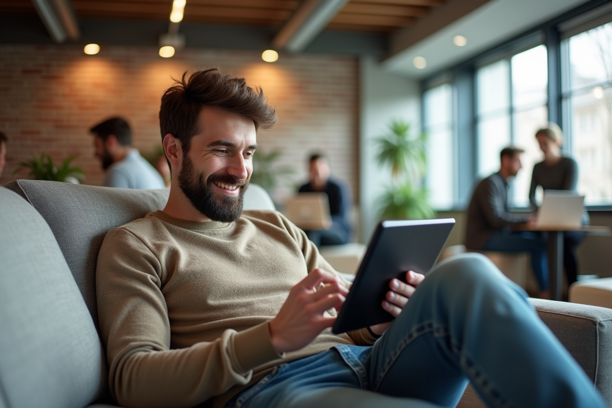 Homme détendu travaillant sur une tablette dans un espace coworking