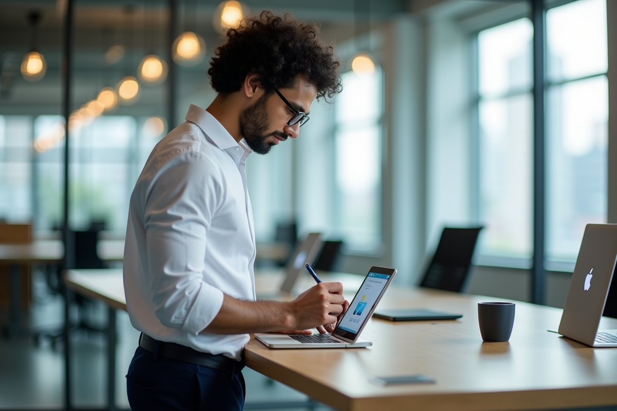 Homme utilisant sa tablette dans un espace de coworking lumineux