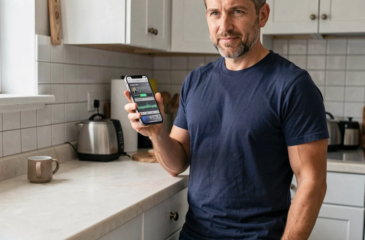 Homme utilisant GarageBand sur iPhone pour créer une sonnerie personnalisée dans sa cuisine