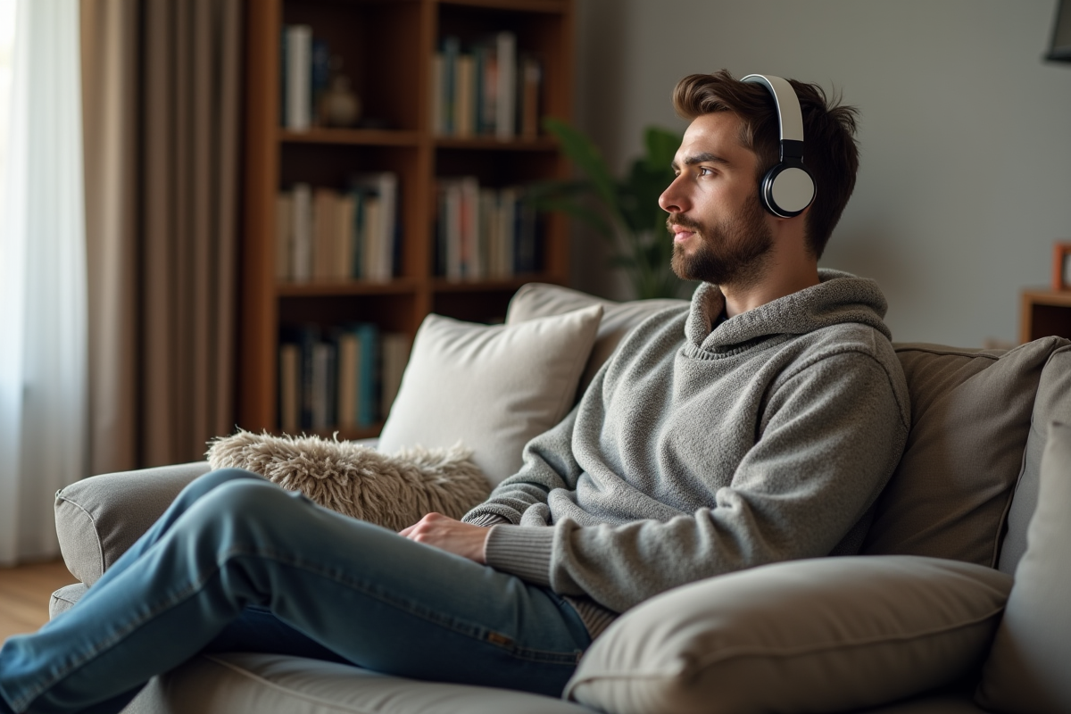 Homme détendu avec écouteurs dans un salon moderne