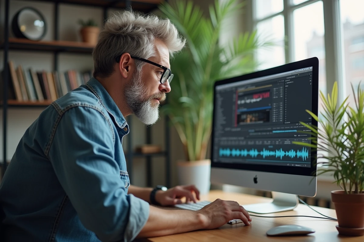 Homme édite fichiers audio dans un appartement lumineux